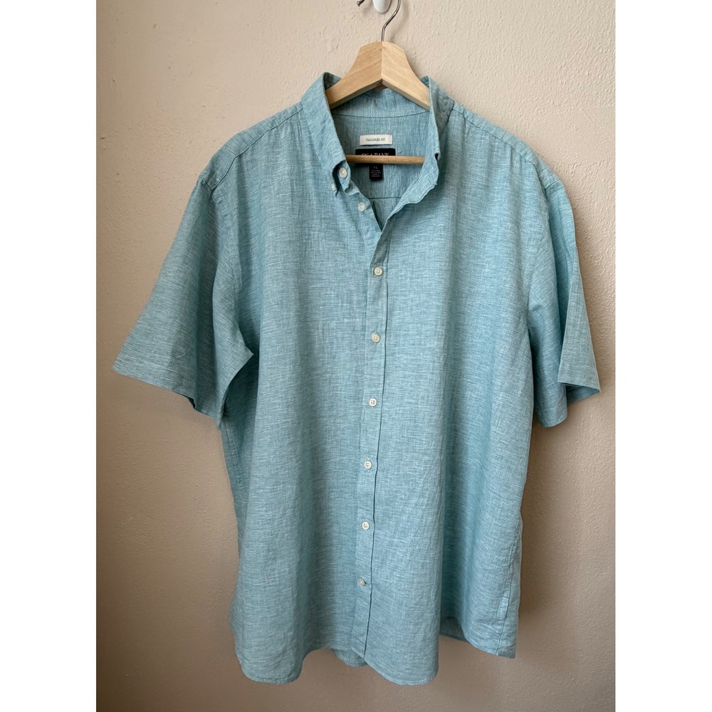 Jos A Bank Tailored Fit Linen Blend Short Sleeve Button Down Shirt Teal Mens XL
